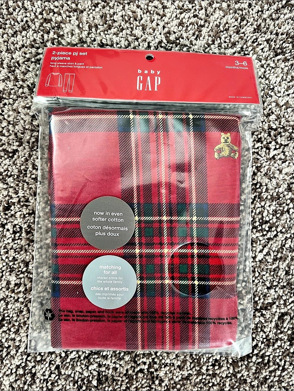 baby GAP Holiday Plaid Bear 2-Piece PJ Set Red & Green Baby 3-6M